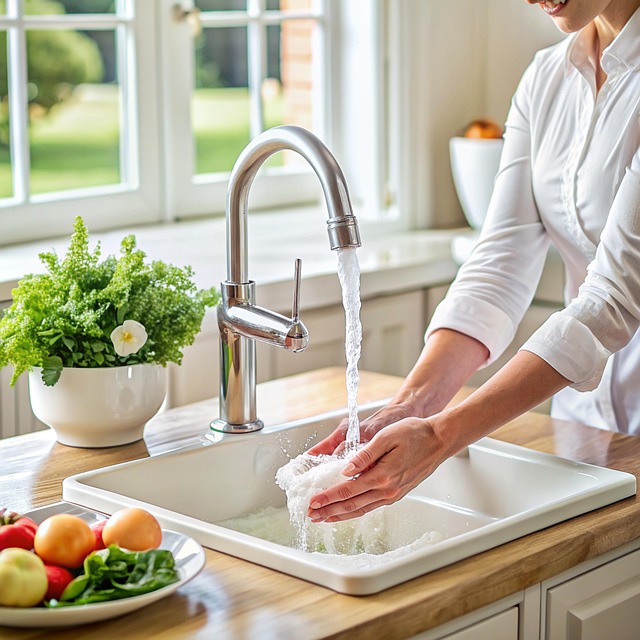 "Person washing hands with soap in a clean kitchen for food safety."
