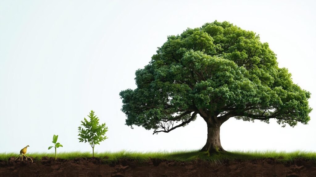 Seed/plant growing into a tall tree over time