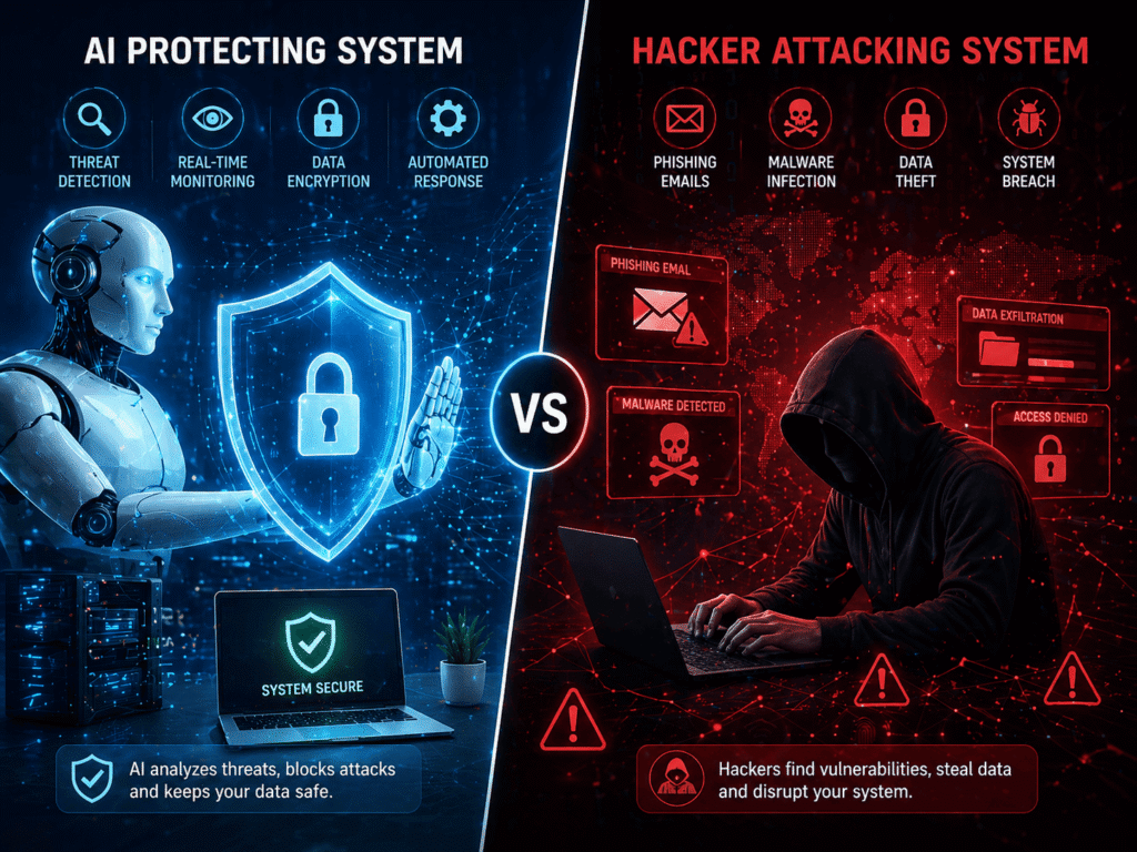 Artificial intelligence in cyber security vs hacker attack concept illustration