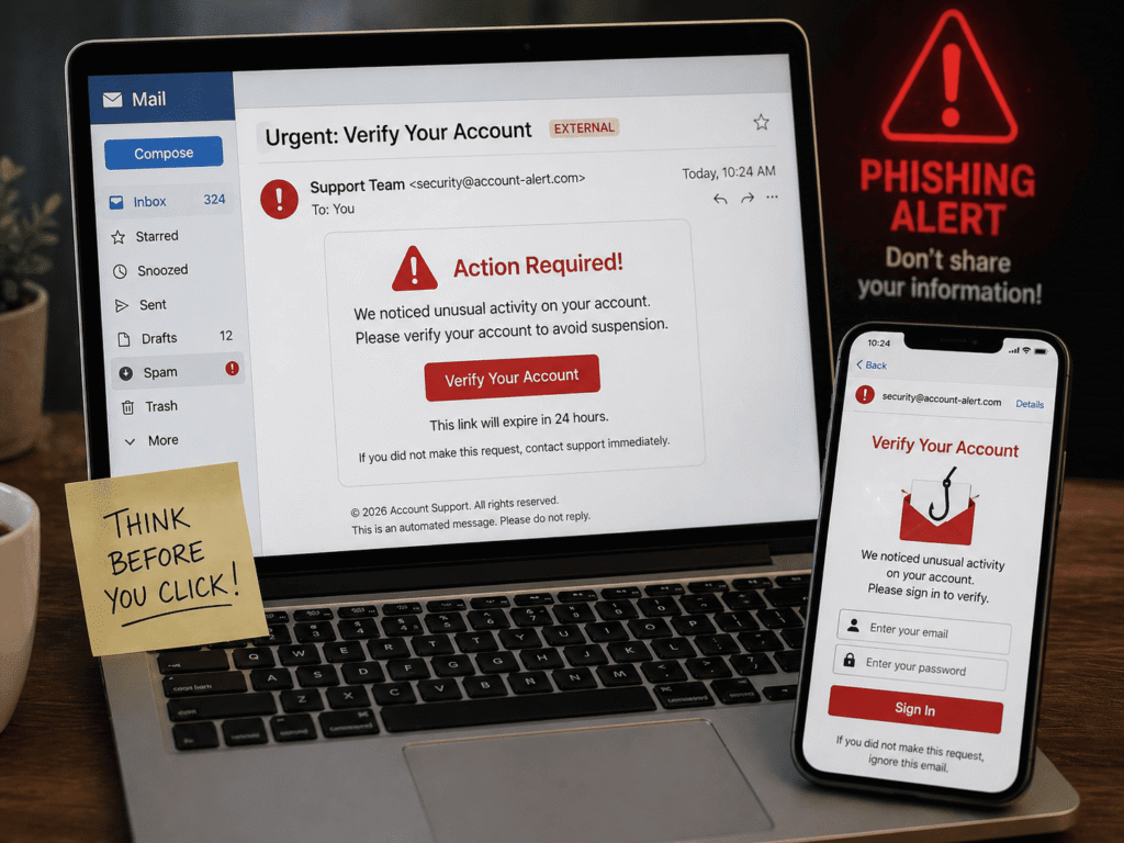 Phishing attack example showing fake email trying to steal user information