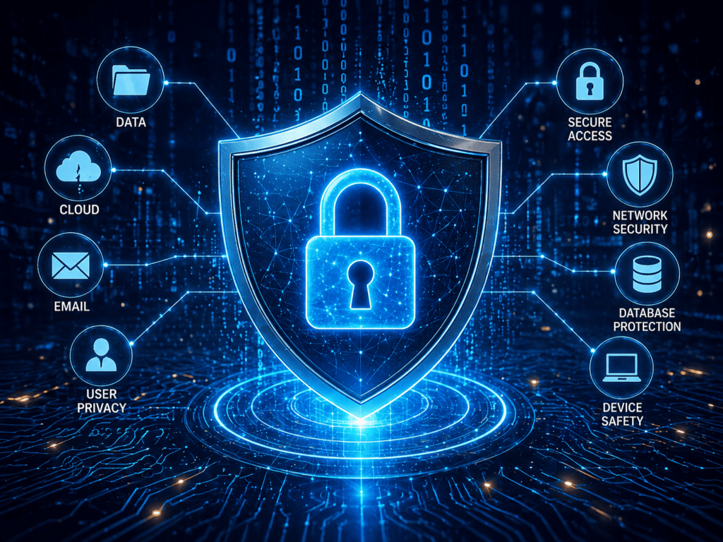 Cyber security concept showing digital shield protecting data from hackers 