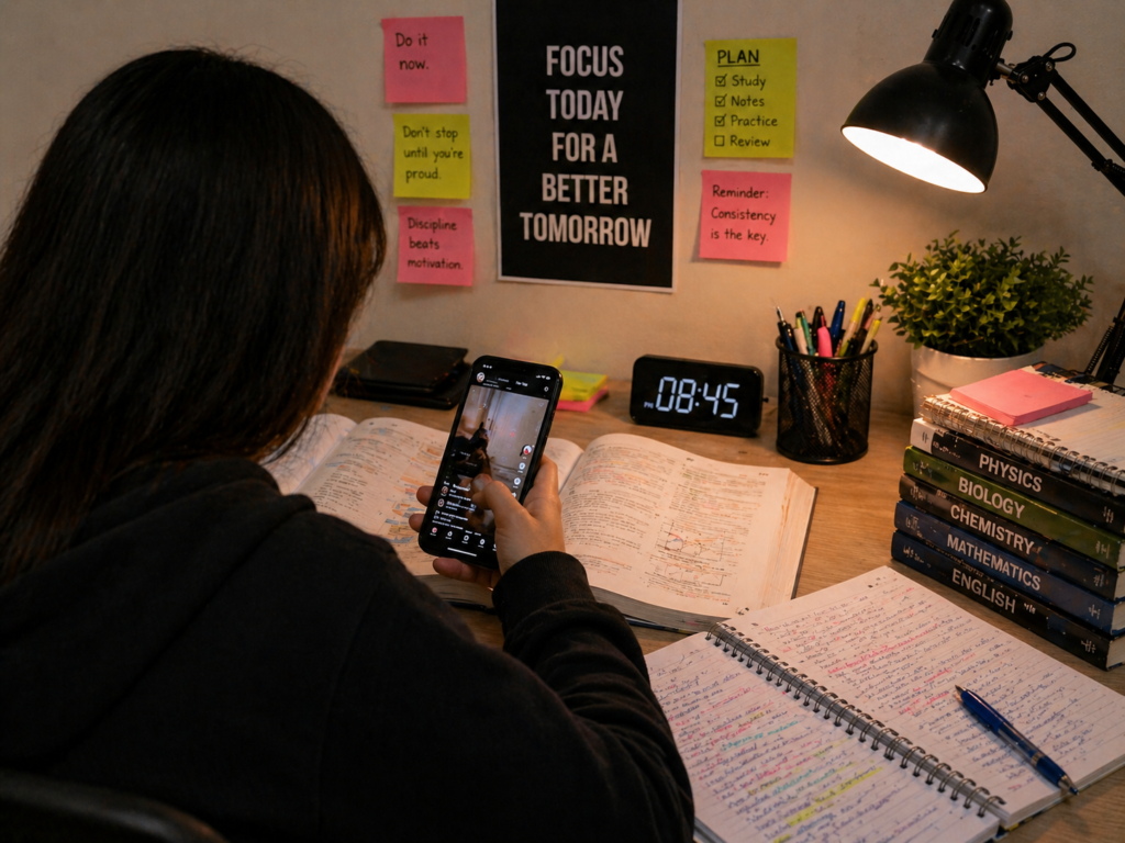 Student studying at a desk at night, viewed from behind, distracted by a smartphone while open textbooks, notes and a lamp create a focused study environment.