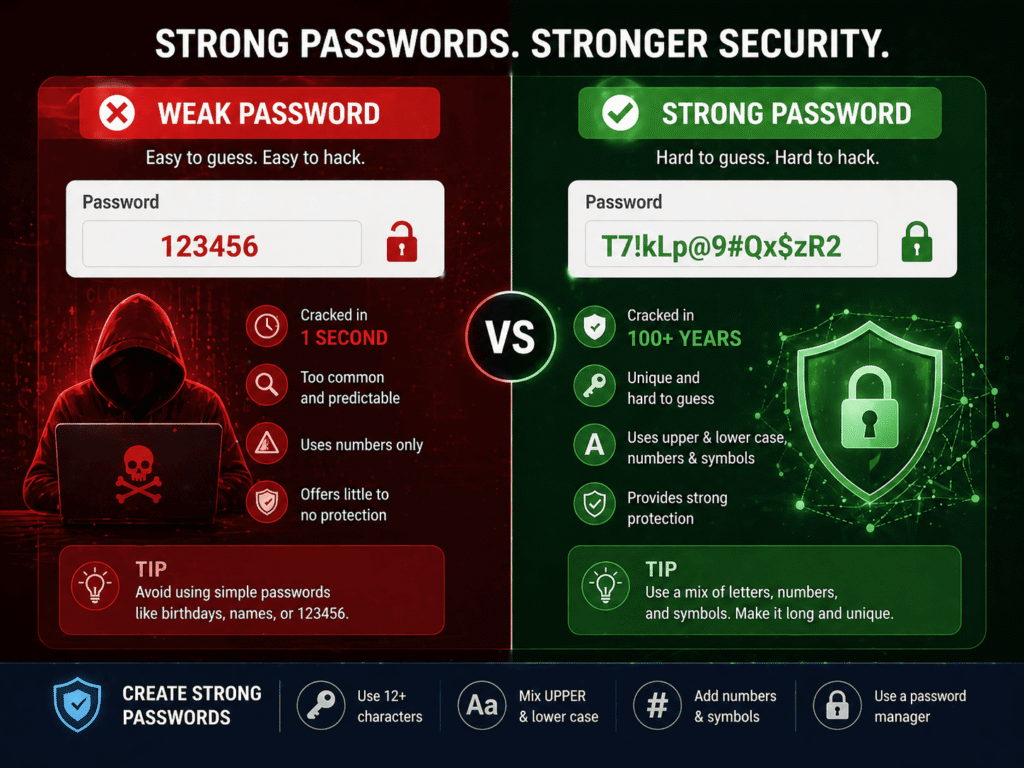 Strong vs weak password comparison for better cyber security protection