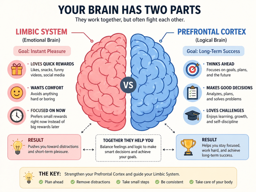 Infographic showing a split-brain diagram with the limbic system (emotional brain) on one side focused on instant pleasure and the prefrontal cortex (logical brain) on the other side focused on long-term goals and decision-making.