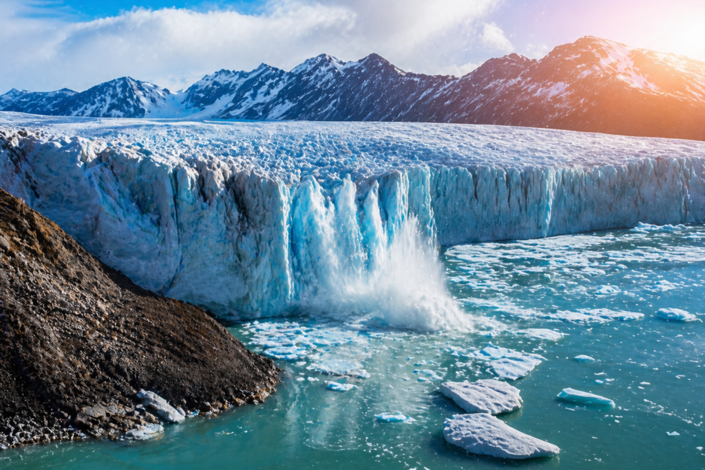 Melting glacier due to global warming and rising Earth temperature