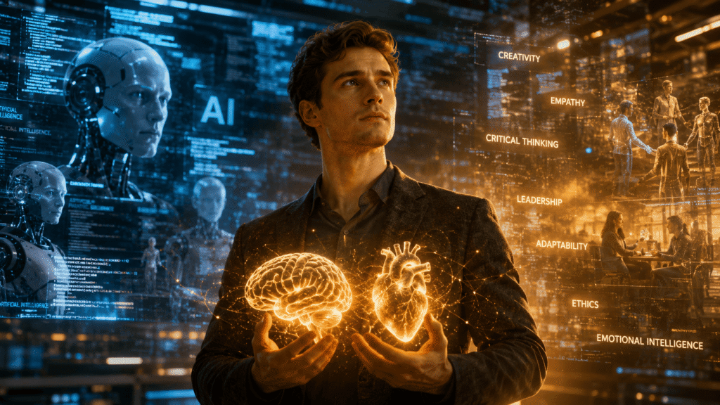 Human skills in AI world - person balancing technology with creativity and emotional intelligence.
