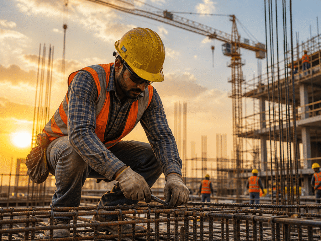 Construction worker working hard at a building site symbolizing dedication and labour effort