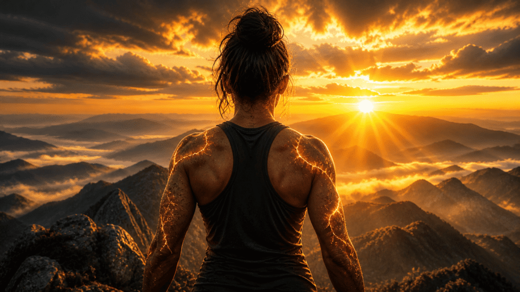 Person turning scars into strength while standing on mountain at sunrise
