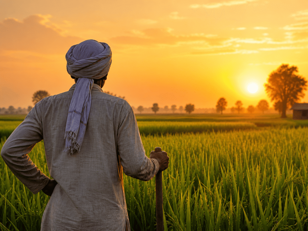 Farmer working in agricultural field at sunrise showing importance of labour in food production