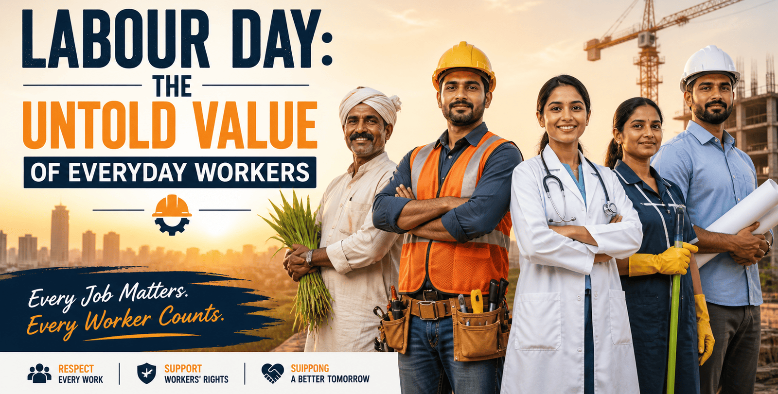 “Different types of workers standing together representing unity and importance of labour on Labour Day”