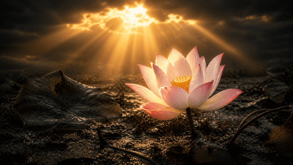 Lotus flower blooming in mud - symbol of post-traumatic growth and turning pain into power
