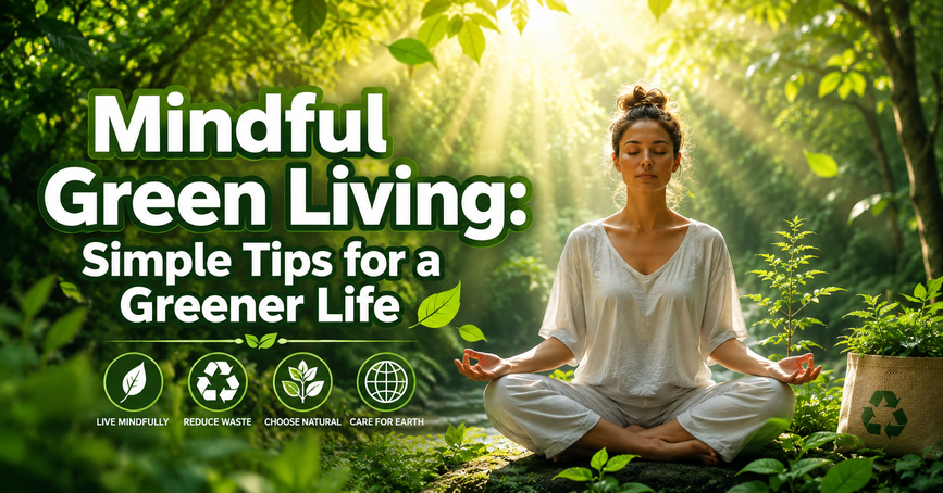 Woman meditating in green forest for mindful sustainable living.