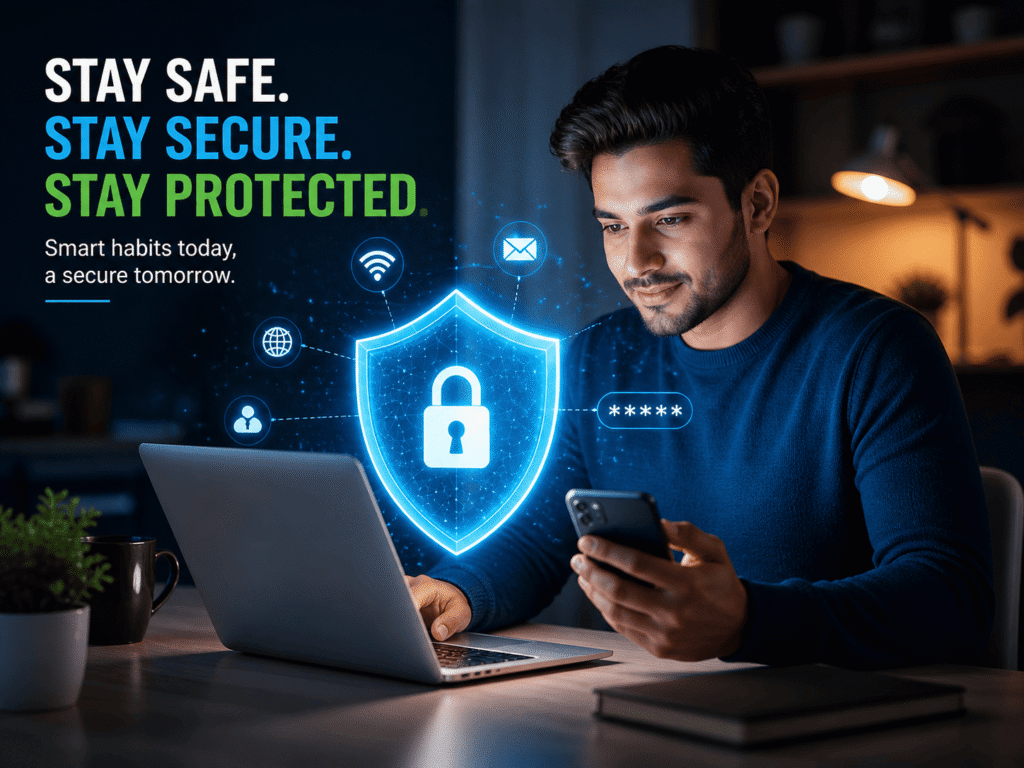 Person using laptop with digital shield protection symbol representing safe online practices and cyber security awareness