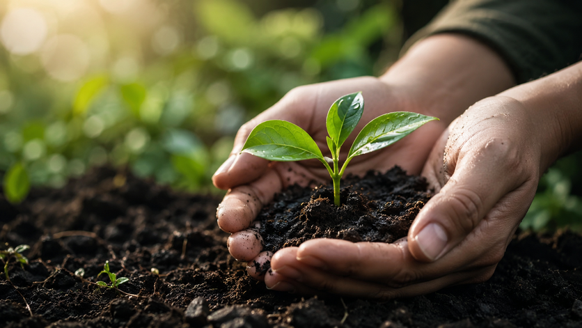 Hands nurturing plant for green living mindset.